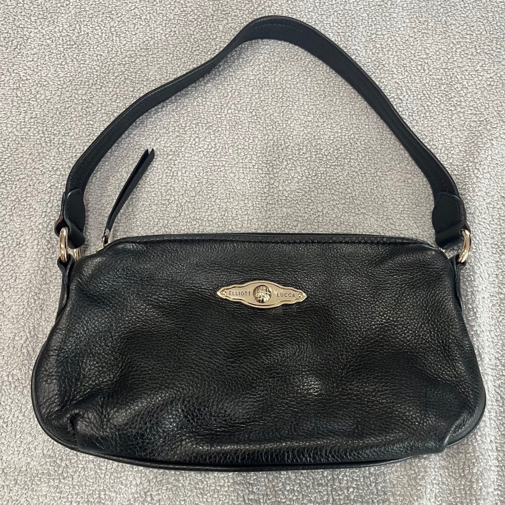 Elliott Lucca Black Pebbled Leather Shoulder Bag Gold Hardware Small Zip Pouch